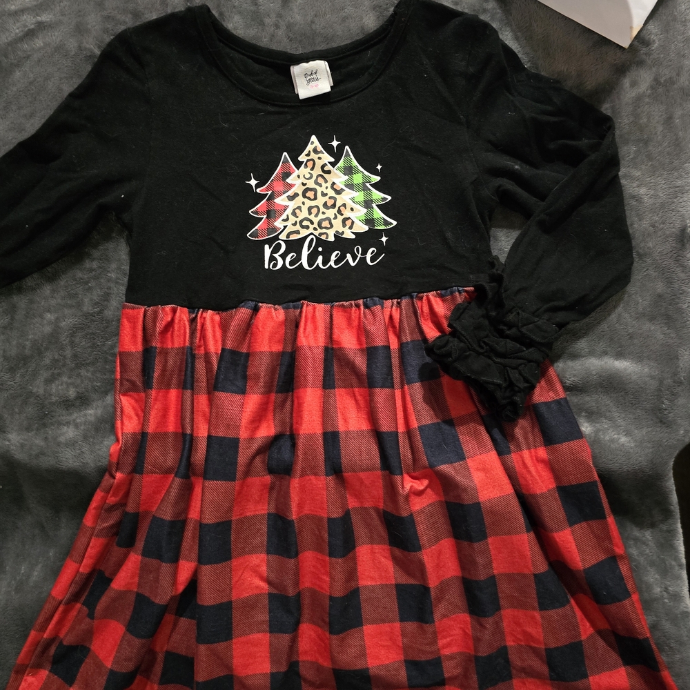 Black and Red Plaid Dress with Festive Print